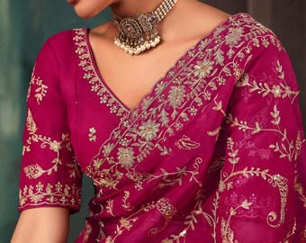 Pink Partywear Saree,Sabyasachi Silk Heavy  Saree For Bride,Embroidery, Saree Stiched, Readymade US UK,Festive Saree,Bollywood Sari New