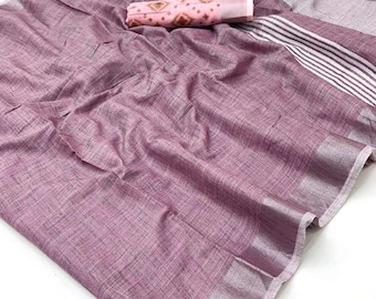 Purple pink saree, Linen sari, cotton saree,Simple Pink saree for every occasion, dailywear,officewear,mother gift saree,Khadi saree