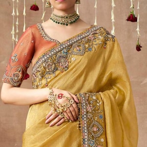 Yellow Saree Haldi Saree with Blouse Function Saree Wedding Saree for Christmas Presenti Haldi Outfit with stitched blouse