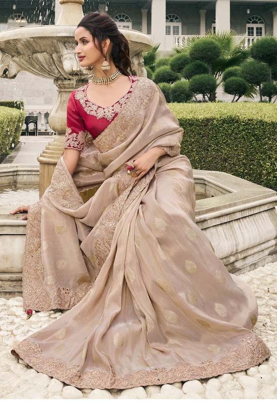 party dress saree Beautiful Silk Saree, wedding Saree, Party Wear Saree, Embroidery Off White Pink Saree, Party Wear with Ready to Wear Blouse