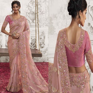Baby Pink Embroidered Silk Saree For Wedding For Occasion, Saree For Women With Blouse Latest Design, Festive Wear Traditional Saree