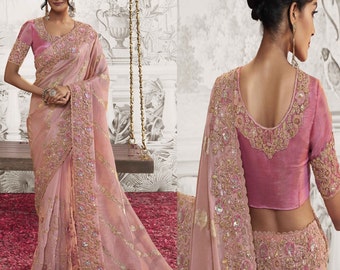 Sari jedwabne haftowane w kolorze jasnoróżowym na ślub i okazję, sari damskie z bluzką w najnowszym wzorze, tradycyjne sari na święta