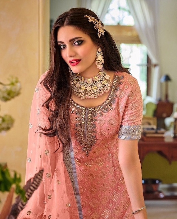 Faux Georgette Embroidery Sharara Suit In Peach Colour - SM1775275