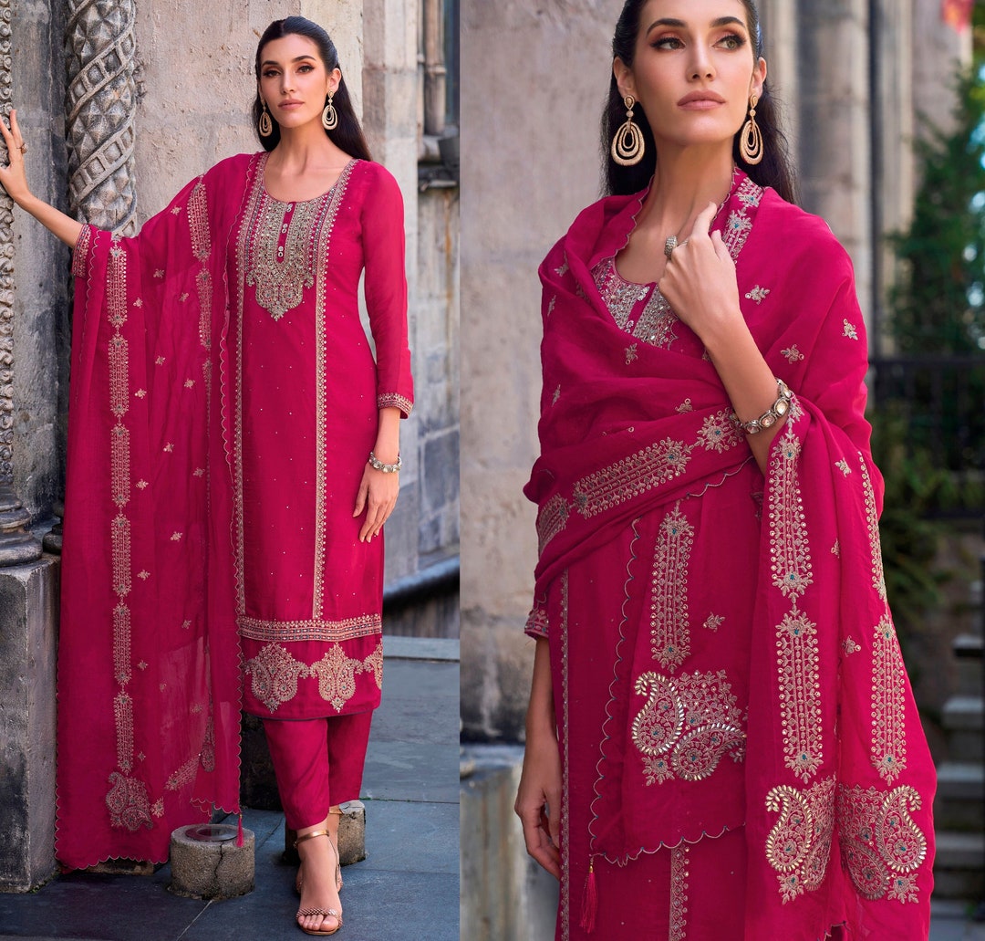 RF - Pink color Satin Georgette Palazzo Suit.