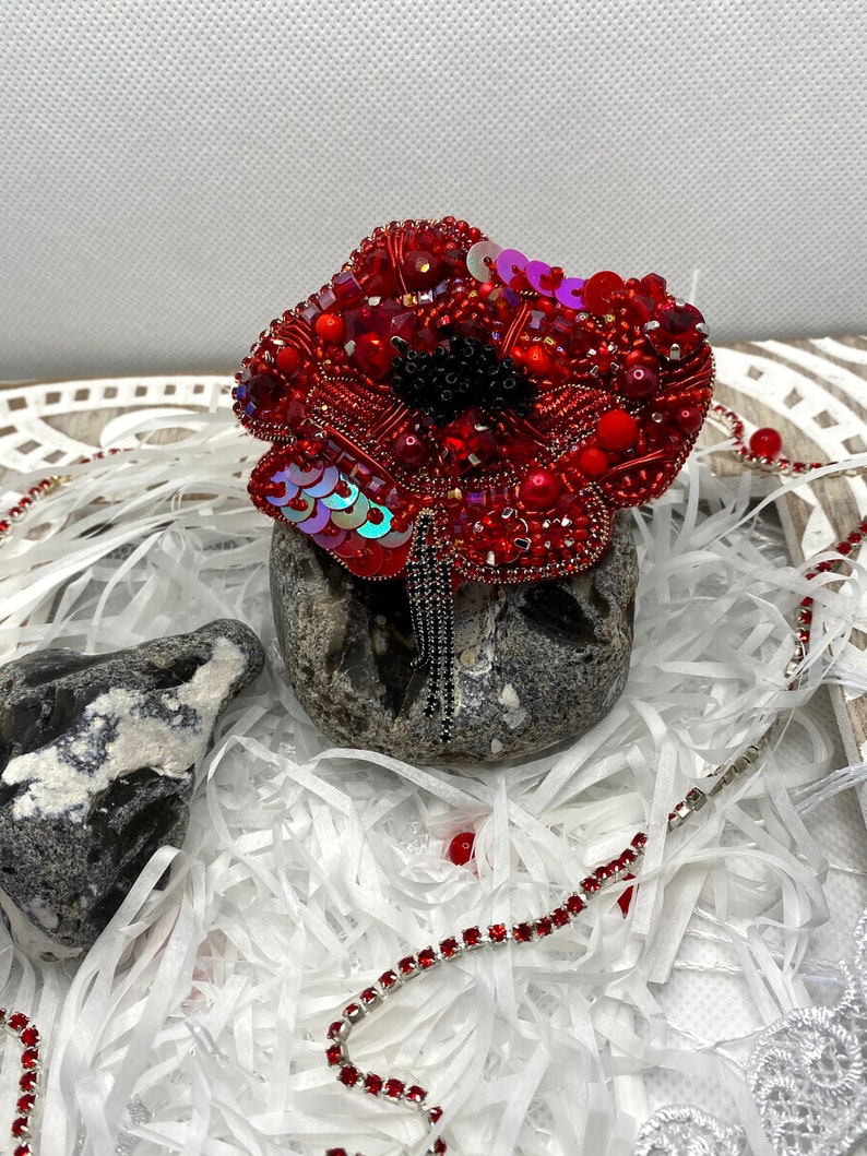 handmade accessories unique present Red poppy brooch embroidered jewellery Embroidered beaded brooch