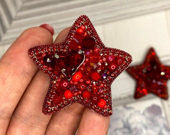 Red star brooch, Embroidered beaded brooch, handmade accessories, embroidered jewellery, gift for her