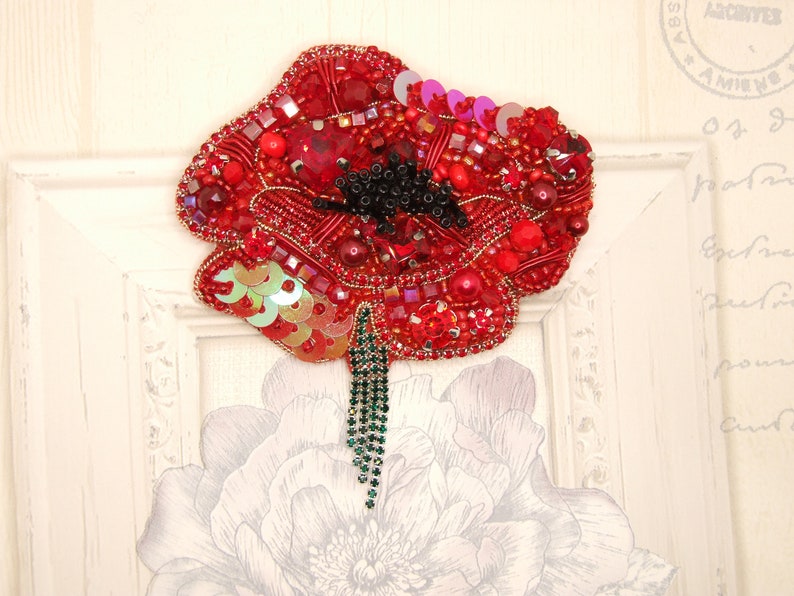 handmade accessories unique present Red poppy brooch embroidered jewellery Embroidered beaded brooch