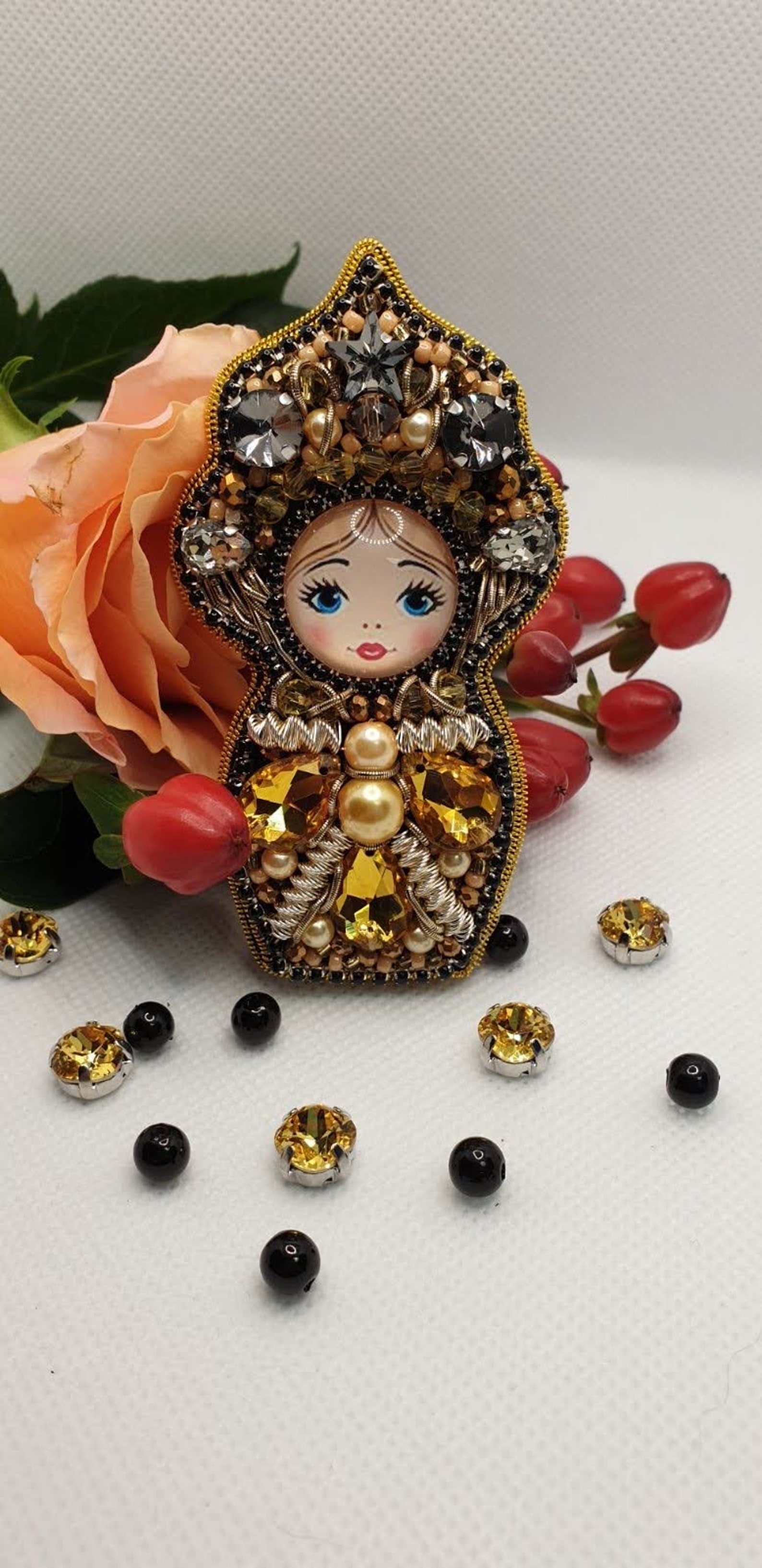 Matryoshka brooch Embroidered beaded brooch Russian doll Etsy