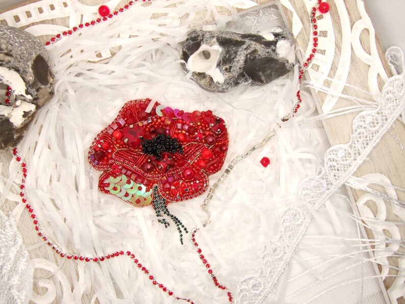 handmade accessories unique present Red poppy brooch embroidered jewellery Embroidered beaded brooch