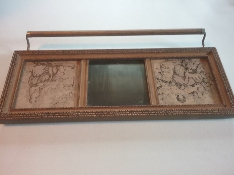 Rare Wooden Framed Victorian Tapestry Mirror Towel Holder Hanger