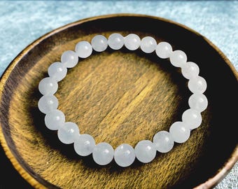Bransoletka z białego jadeitu: 8 mm naturalny kamień, szczęście i ochrona