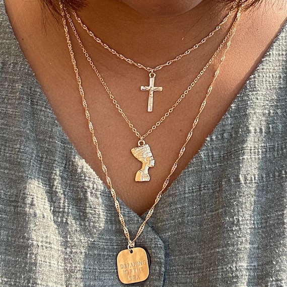 Gold Goddess 3PC Layered Necklace Set Mothers Day Christmas Gifts Egyptian Jewelry Gifts for Her Birthday Gift Ideas Gift Ideas