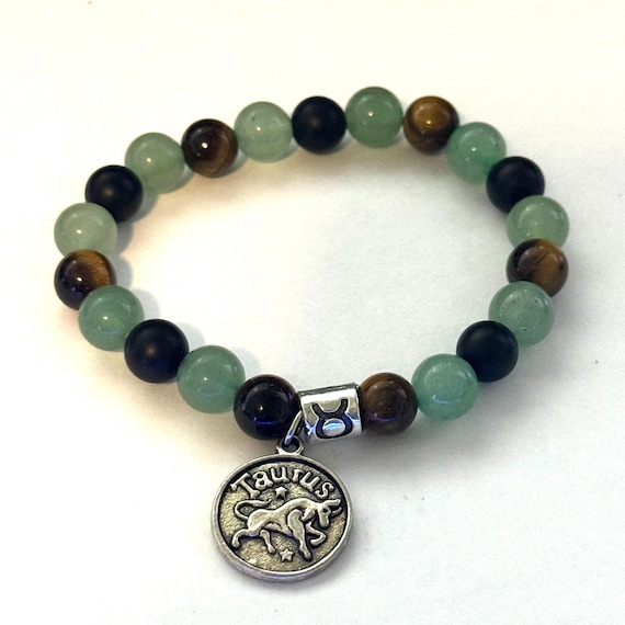 Taurus Zodiac Bracelet: Onyx, Tiger's Eye Aventurine Gemstone