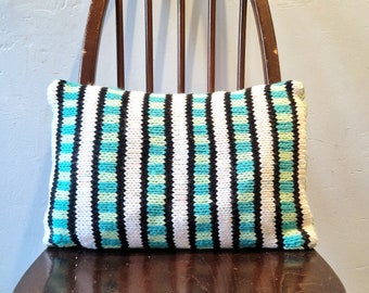 Unique Handknitted and Upcycled Vintage Fabric Cushion with inner. Striped, turquoise, black and white.