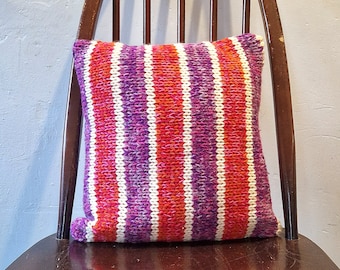 Handknitted Upcycled Stripe Cushion, Feather Inner, African Print Back