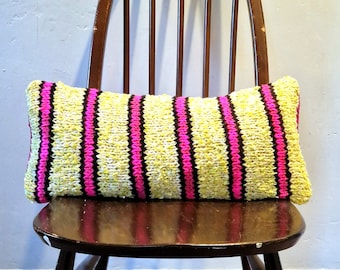 Handknitted Lumbar Cushion, Upcycled Neon Fabric, Striped Pillow