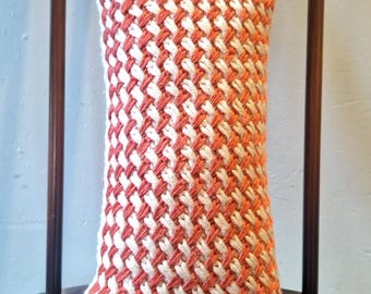 Unique Hand knitted and Upcycled Cushion with Insert. Floral, geometric, cream, coral.