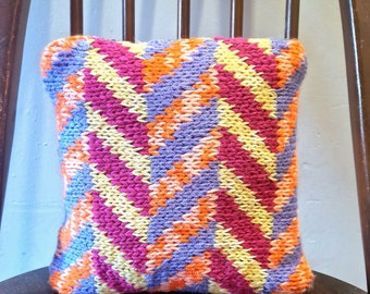 Unique Handknitted and Upcycled Vintage Fabric Cushion with Insert. Rainbow, neon, chevron.