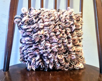 Hand Knitted Vintage Fabric Cushion, Looped Fluffy Yarn, Upcycled Decor