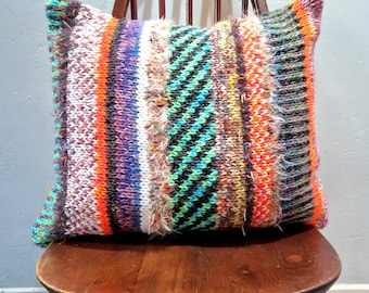 Unique Hand knitted and Upcycled Vintage Fabric Cushion with Insert. Striped, abstract, neon, fluffy