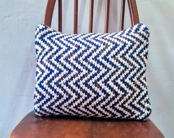 Handknitted Upcycled Fabric Cushion, Zigzag Velvet Pillow
