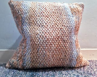 Unique Hand knitted and Upcycled Vintage Fabric Cushion with Insert, peach, blue, white, pastel.