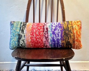 Unique Handknitted and Upcycled Fabric Lumbar Cushion with Insert. Rainbow, striped, glitter.