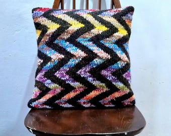 Unique Hand knitted and Upcycled Vintage Fabric Cushion with Insert. Zigzag, rainbow, striped, blue.