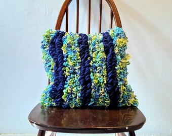 Unique Hand knitted and Upcycled Vintage Fabric Cushion with Insert, green, blue, striped, looped.