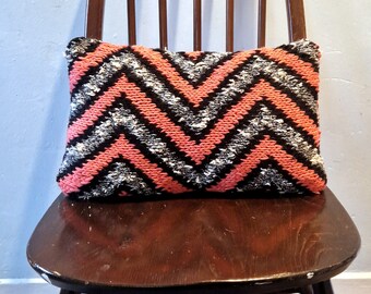 Unique Hand knitted and Upcycled Vintage Fabric Cushion with Insert. Zigzag, pink, grey, black