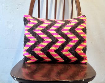Handknitted Upcycled Cushion, Neon Zig Zag Stripe, Vintage Fabric