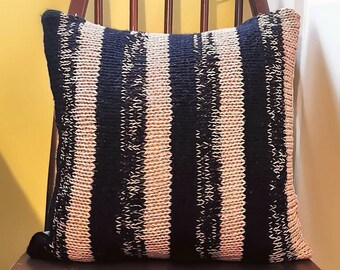 Unique Handknitted and Upcycled Vintage Fabric Cushion, black, striped, tan, 90s
