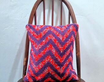 Hand Knitted Upcycled Cushion, Red Purple Zigzag, Vintage Fabric Insert
