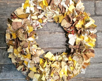Handmade Upcycled Decorative Rag Wreath. Yellow, gold, brown