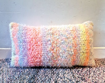 Unique Handknitted and Upcycled Vintage Fabric Cushion with inner. Rainbow, neon, pastel, fluffy.