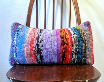 Unique Handknitted and Upcycled Fabric Lumbar Cushion with Insert. Rainbow, tropical pattern.