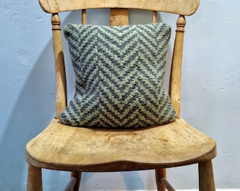 Hand Knitted Upcycled Cushion, Vintage Fabric, Zigzag Design, with Insert.
