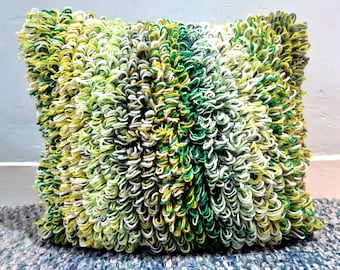 Hand Knitted Upcycled Fabric Cushion, Green Retro Mid Century Design