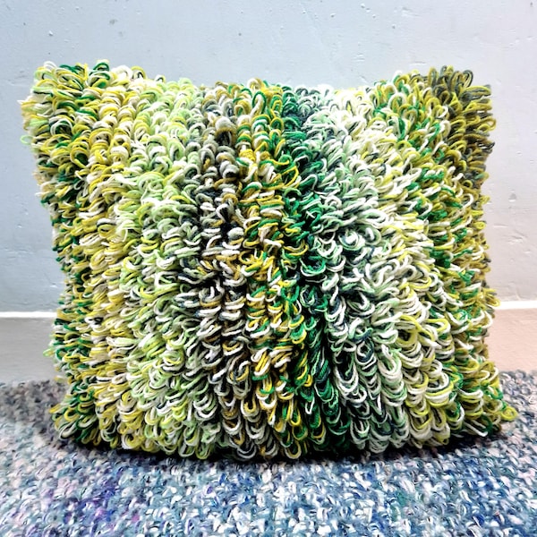 Hand Knitted Upcycled Fabric Cushion, Green Retro Mid Century Design