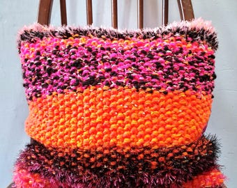 Handknitted Upcycled Vintage Fabric Cushion, Pink Sequin Back