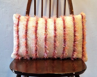 Unique Handknitted and Upcycled Vintage Fabric Cushion with inner. Fluffy, pink, white, floral, mid-century