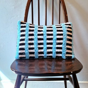 Unique Handknitted and Upcycled Fabric Cushion with insert. Fluffy, monochrome, turquoise, silver, abstract