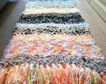 Handknitted Upcycled Yarn Runner Rug, Pastel Neon Boho