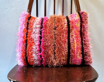 Unique Hand knitted and Upcycled Cushion with Insert. Fluffy, pink, orange, striped.