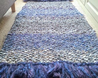 Handknitted Upcycled Yarn Runner Rug, grey, lilac, purple. Machine washable.