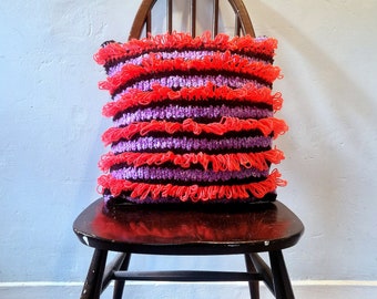 Unique Hand knitted and Upcycled Vintage Fabric Cushion with Insert. Neutral, multicoloured, looped, fluffy.