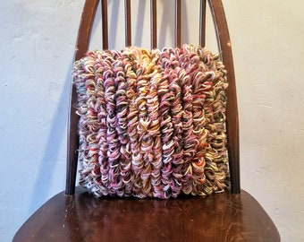 Unique Hand knitted and Upcycled Vintage Fabric Cushion with Insert. Neutral, multicoloured, looped, fluffy.
