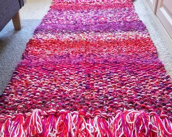 Handknitted Upcycled Yarn Rug, Pink Purple White, Boho Runner