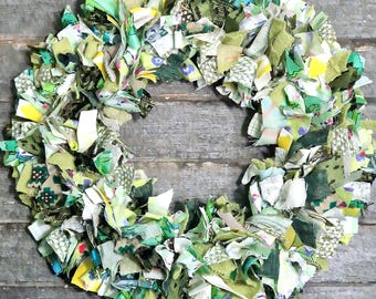 Handmade Upcycled Decorative Rag Wreath. Green