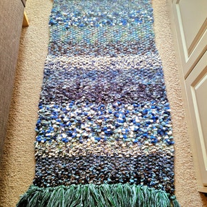 Unique Handknitted, sustainable upcycled rug. Runner rug, textured fluffy, Boho, quirky, unique, boye, grey, green. Machine washable